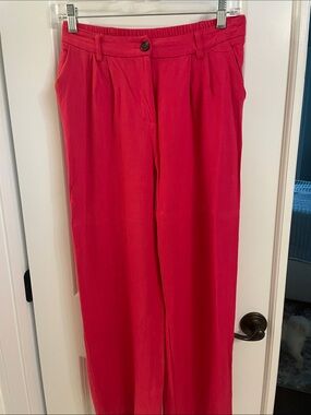 Skies Are Blue Vibrant Hot Pink Linen High-Waist Wide-Leg Trousers